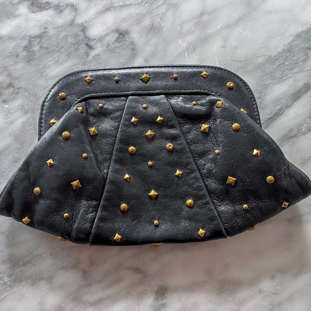 Lauren Merkin Black Leather Studded Clutch